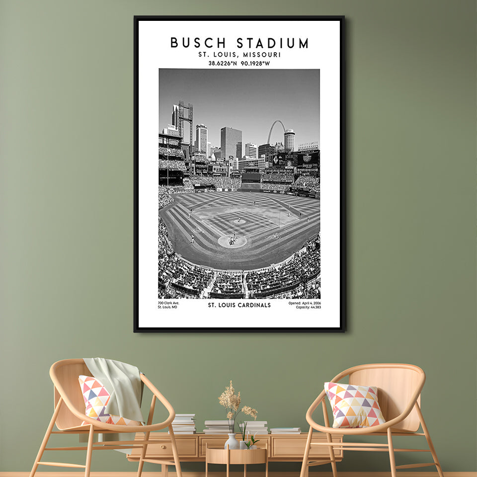 Busch Stadium Black And White, St. Louis Cardinals Baseball Stadium Wall Art Print, Framed Canvas Prints Wall Art