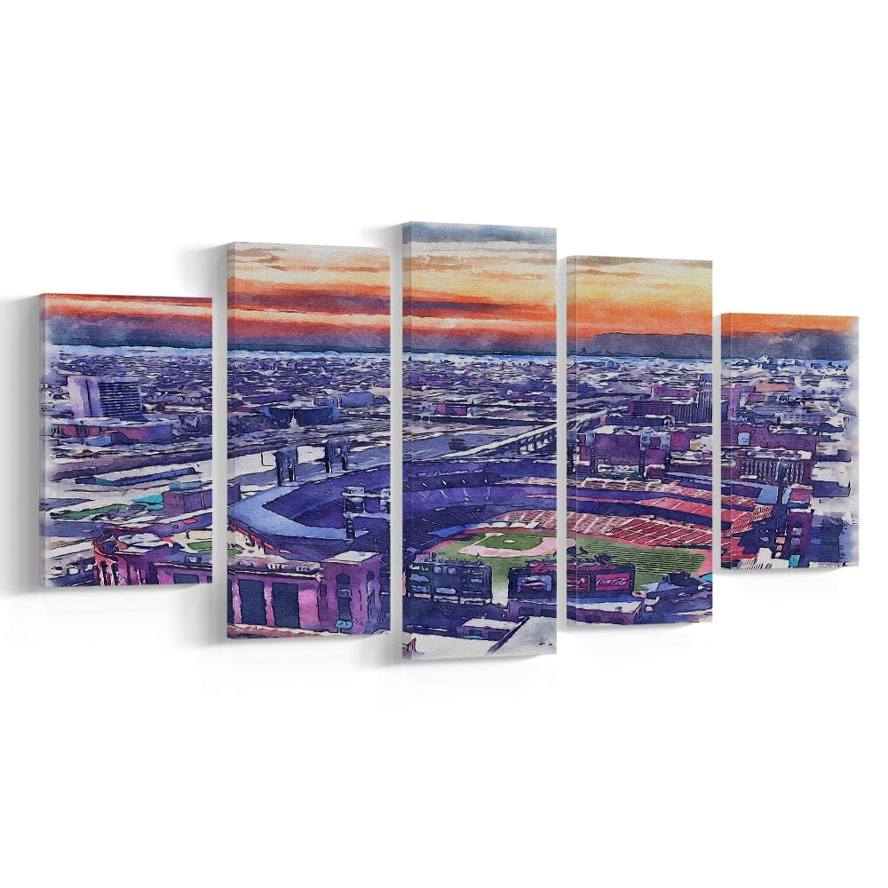 Busch Painting Stadium Watercolor, St Louis, Missouri Watercolor, Sport Art, Mixed 5 Panel, Canvas Print Wall Art