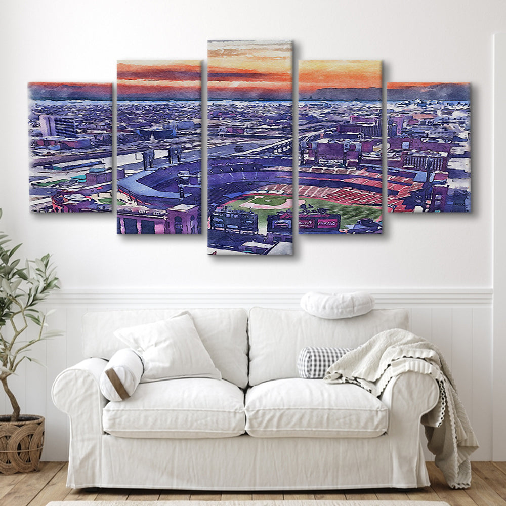 Busch Painting Stadium Watercolor, St Louis, Missouri Watercolor, Sport Art, Mixed 5 Panel, Canvas Print Wall Art