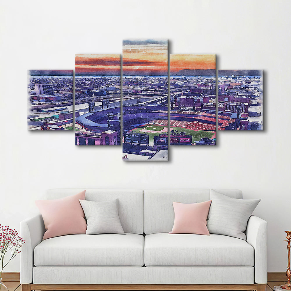 Busch Painting Stadium Watercolor, St Louis, Missouri Watercolor, Sport Art, Mixed 5 Panel, Canvas Print Wall Art