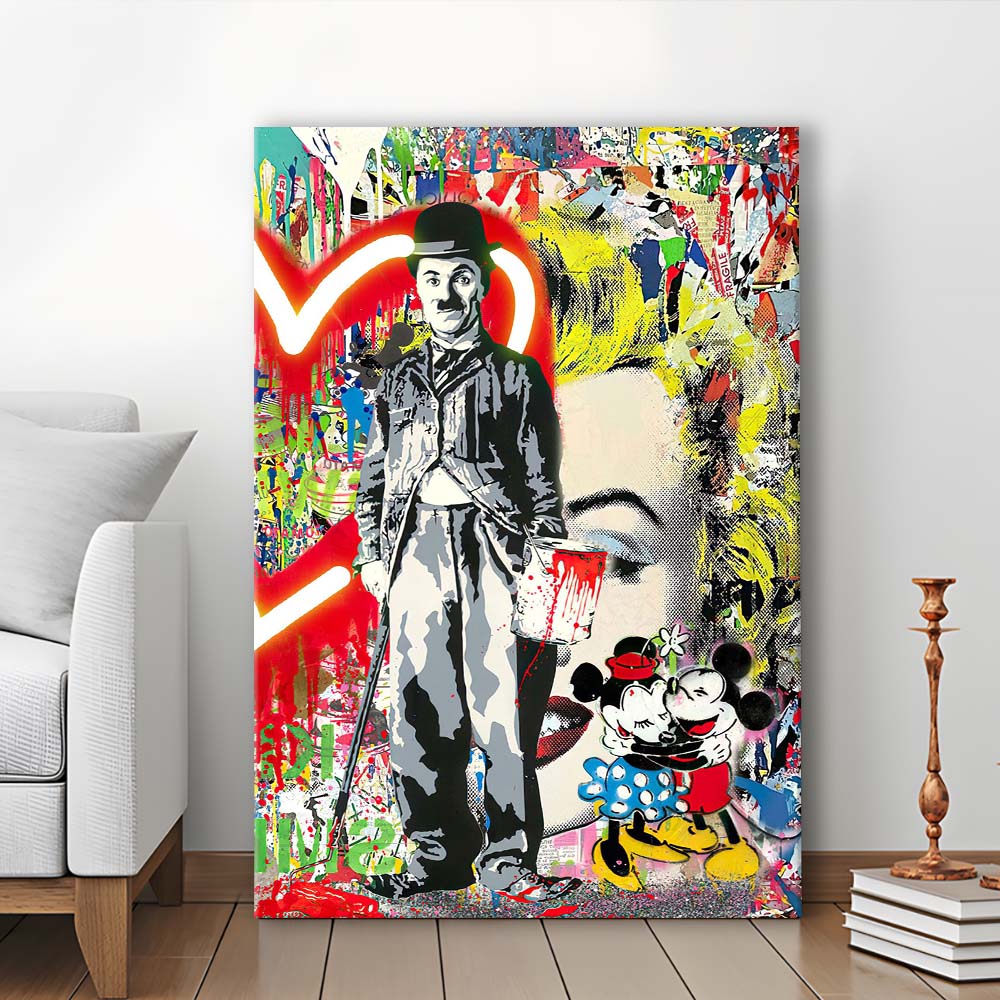 Charlie Chaplin With Heart Neon Sign Effect, Canvas Print, Luxury Wall Art Decor, Modern Art