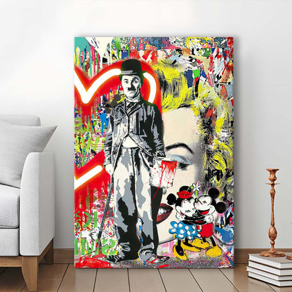 Charlie Chaplin With Heart Neon Sign Effect, Canvas Print, Luxury Wall Art Decor, Modern Art