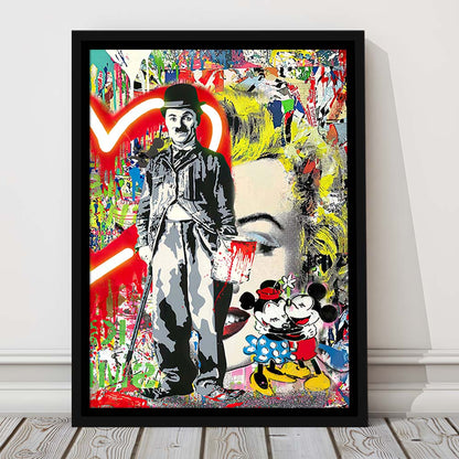 Charlie Chaplin With Heart Neon Sign Effect, Framed Canvas Print, Floating Frame, Luxury Wall Art Decor