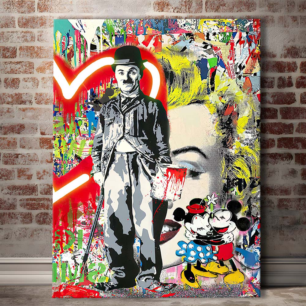 Charlie Chaplin With Heart Neon Sign Effect, Canvas Print, Luxury Wall Art Decor, Modern Art