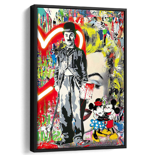 Charlie Chaplin With Heart Neon Sign Effect, Framed Canvas Print, Floating Frame, Luxury Wall Art Decor