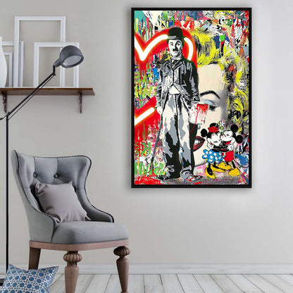 Charlie Chaplin With Heart Neon Sign Effect, Framed Canvas Print, Floating Frame, Luxury Wall Art Decor