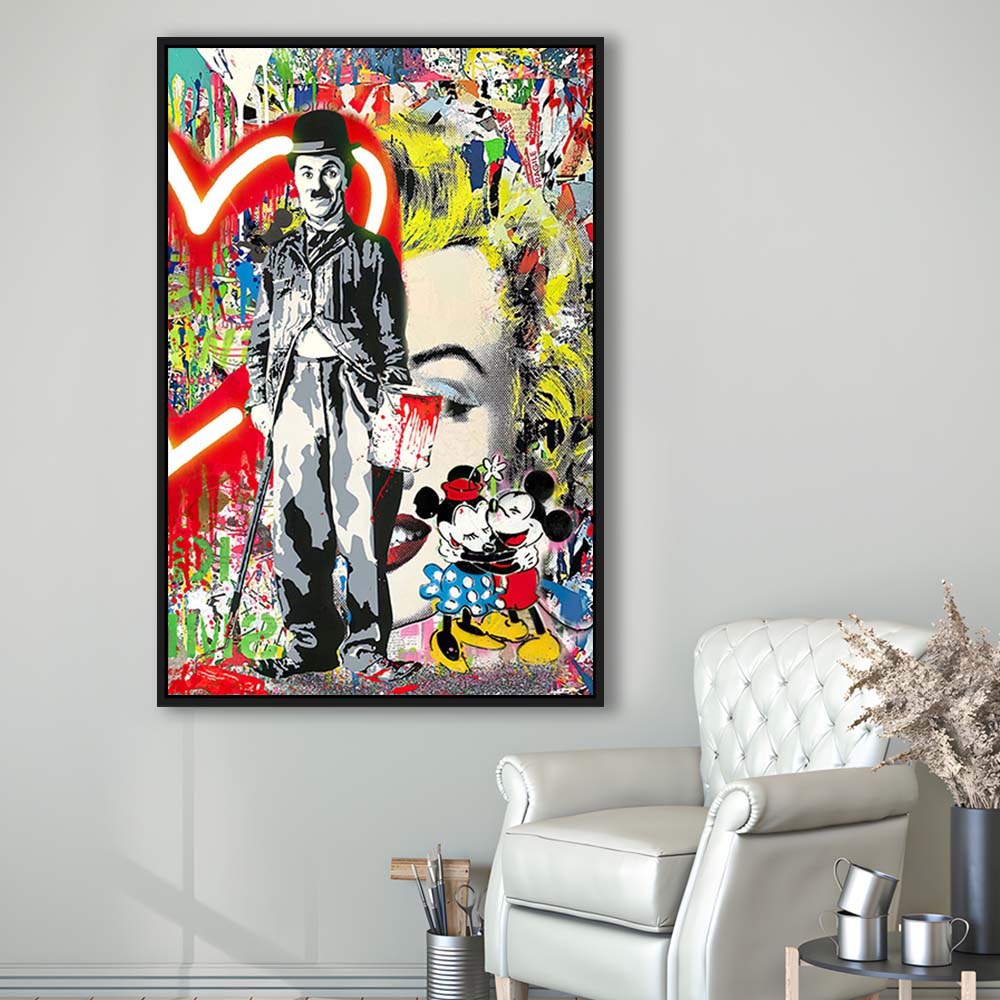 Charlie Chaplin With Heart Neon Sign Effect, Framed Canvas Print, Floating Frame, Luxury Wall Art Decor