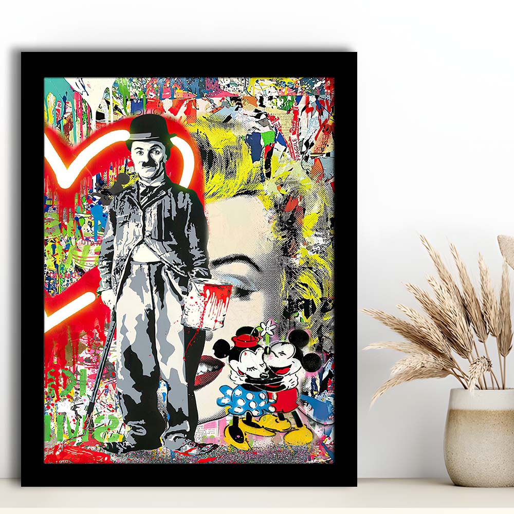 Charlie Chaplin With Heart Neon Sign Effect, Framed Art Print, Picture Framed Wall Art Decor