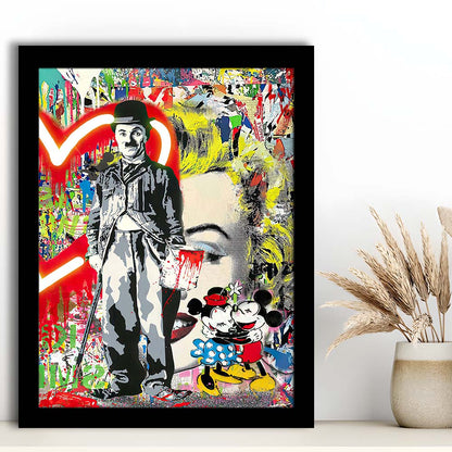 Charlie Chaplin With Heart Neon Sign Effect, Framed Art Print, Picture Framed Wall Art Decor