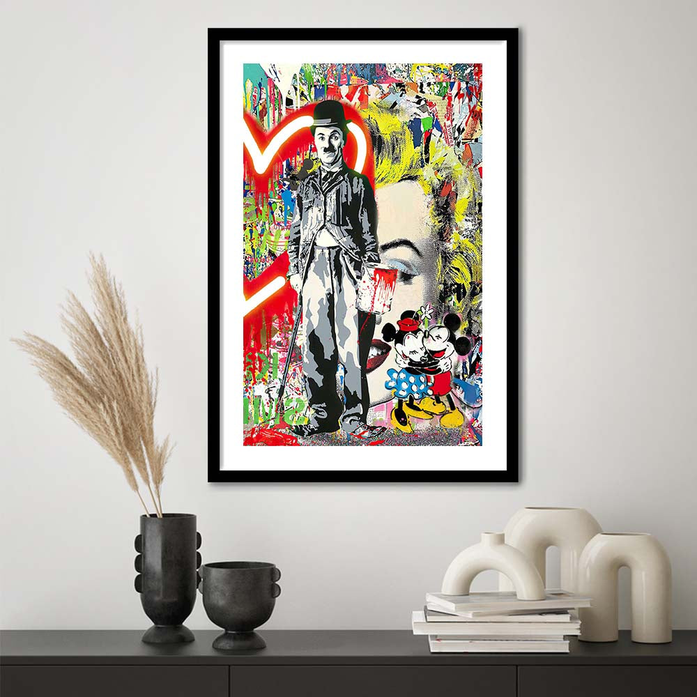 Charlie Chaplin With Heart Neon Sign Effect, Framed Art Print, Luxury Pictures Framed, White Border