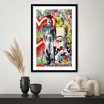 Charlie Chaplin With Heart Neon Sign Effect, Framed Art Print, Luxury Pictures Framed, White Border