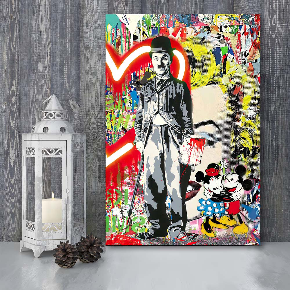 Charlie Chaplin With Heart Neon Sign Effect, Canvas Print, Luxury Wall Art Decor, Modern Art