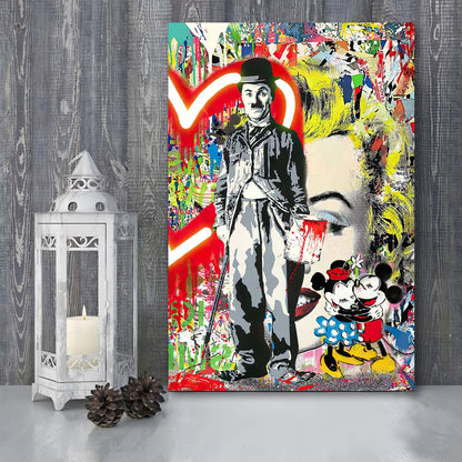 Charlie Chaplin With Heart Neon Sign Effect, Canvas Print, Luxury Wall Art Decor, Modern Art