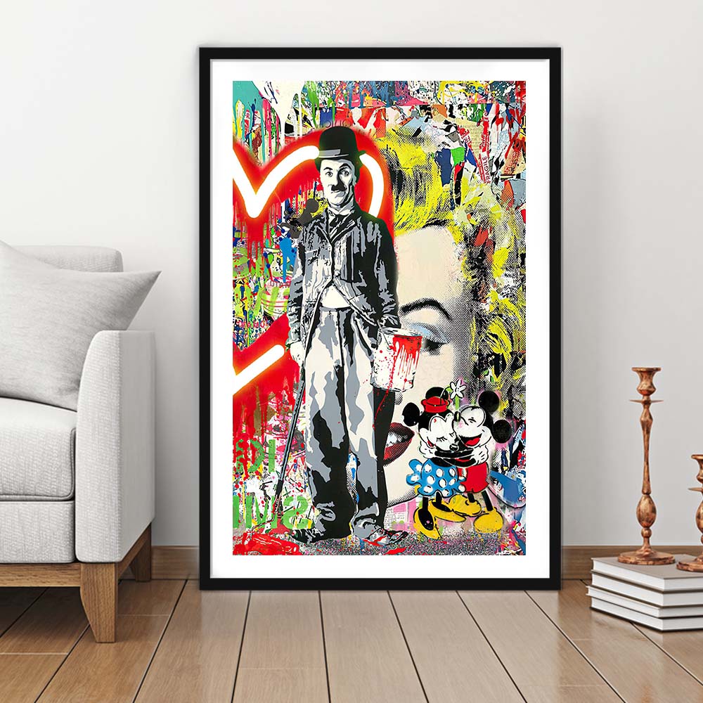 Charlie Chaplin With Heart Neon Sign Effect, Framed Art Print, Luxury Pictures Framed, White Border