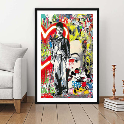 Charlie Chaplin With Heart Neon Sign Effect, Framed Art Print, Luxury Pictures Framed, White Border