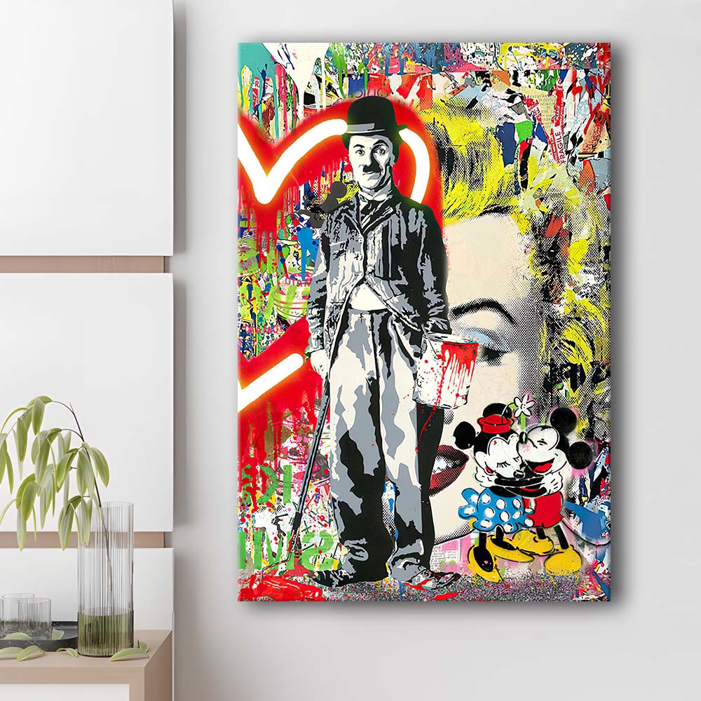 Charlie Chaplin With Heart Neon Sign Effect, Canvas Print, Luxury Wall Art Decor, Modern Art