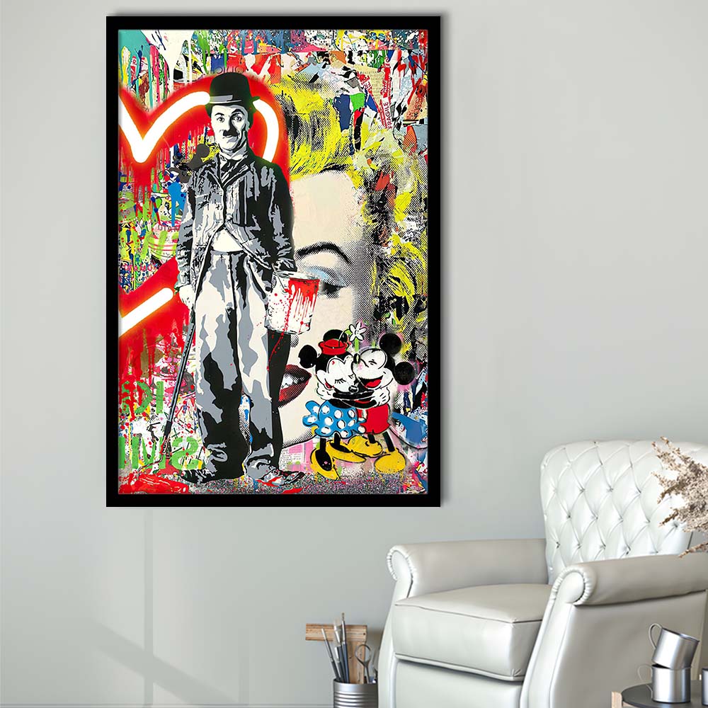 Charlie Chaplin With Heart Neon Sign Effect, Framed Art Print, Picture Framed Wall Art Decor