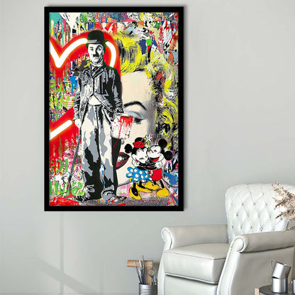 Charlie Chaplin With Heart Neon Sign Effect, Framed Art Print, Picture Framed Wall Art Decor