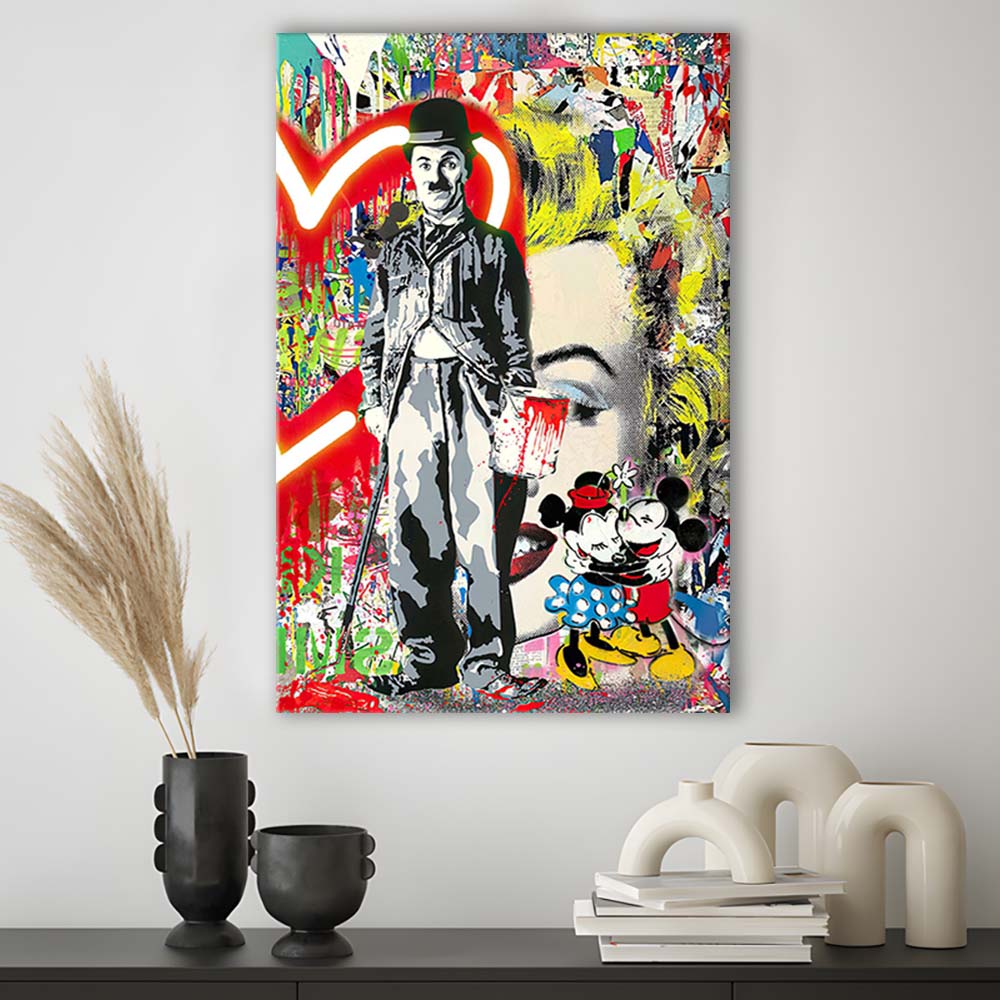 Charlie Chaplin With Heart Neon Sign Effect, Canvas Print, Luxury Wall Art Decor, Modern Art