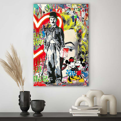 Charlie Chaplin With Heart Neon Sign Effect, Canvas Print, Luxury Wall Art Decor, Modern Art