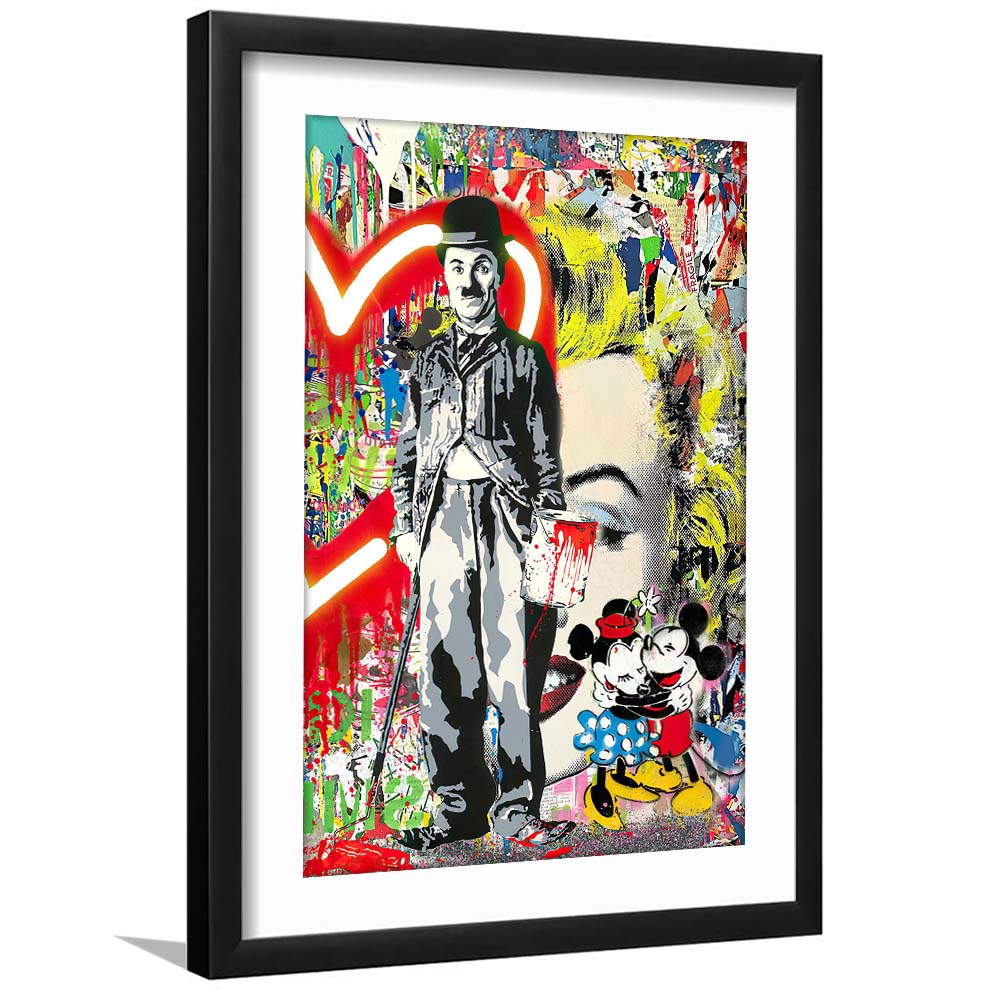 Charlie Chaplin With Heart Neon Sign Effect, Framed Art Print, Luxury Pictures Framed, White Border
