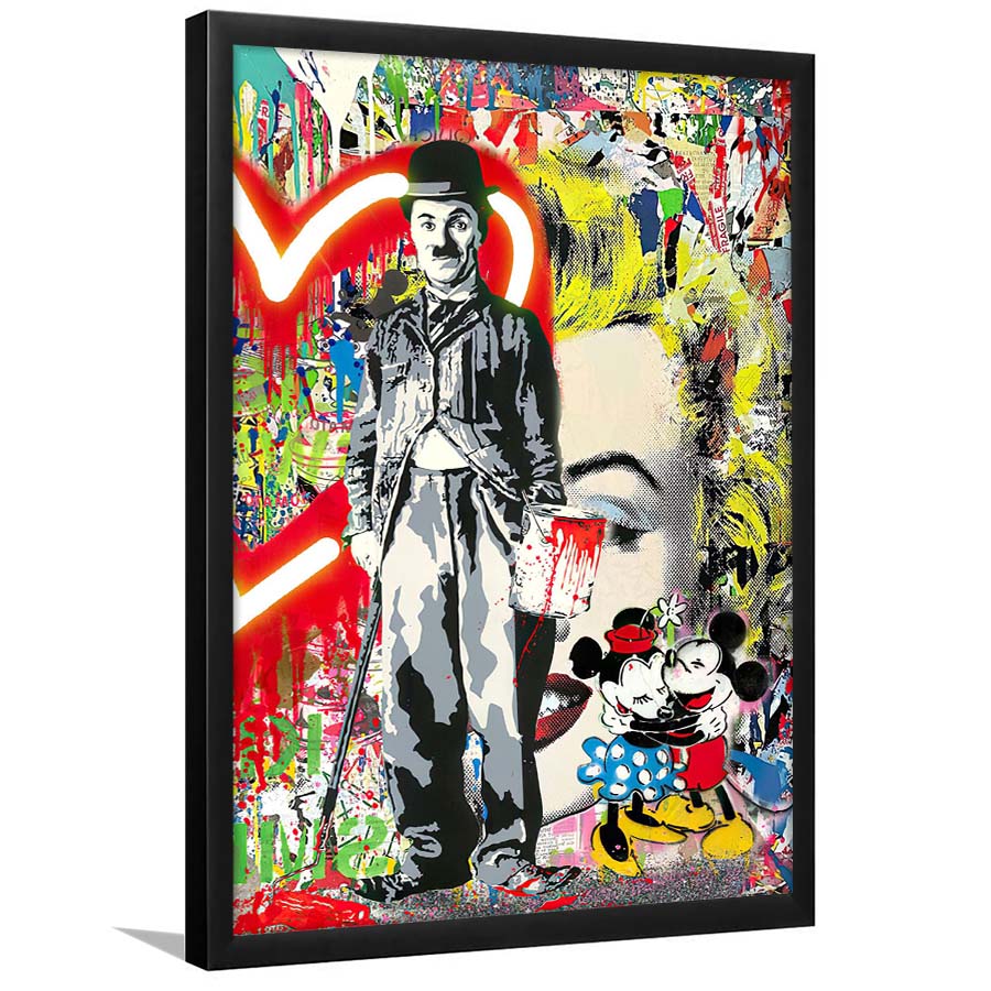 Charlie Chaplin With Heart Neon Sign Effect, Framed Art Print, Picture Framed Wall Art Decor