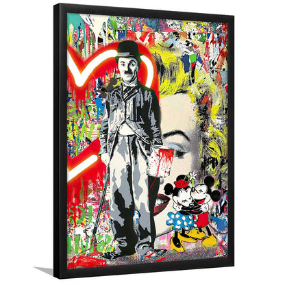 Charlie Chaplin With Heart Neon Sign Effect, Framed Art Print, Picture Framed Wall Art Decor