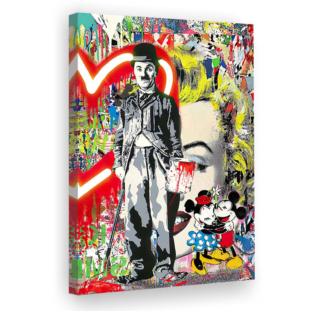Charlie Chaplin With Heart Neon Sign Effect, Canvas Print, Luxury Wall Art Decor, Modern Art