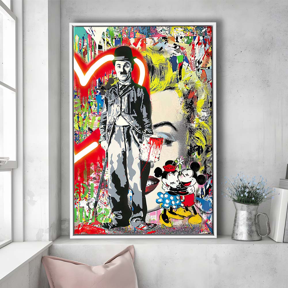 Charlie Chaplin With Heart Neon Sign Effect, Framed Canvas Print, Floating Frame, Luxury Wall Art Decor