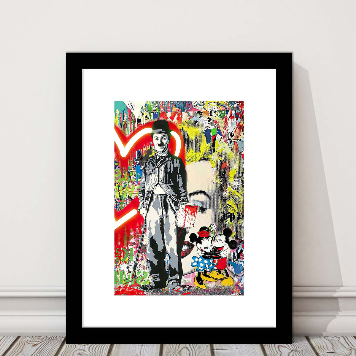 Charlie Chaplin With Heart Neon Sign Effect, Framed Art Print, Luxury Pictures Framed, White Border