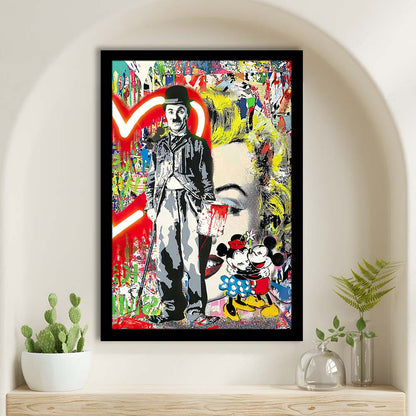 Charlie Chaplin With Heart Neon Sign Effect, Framed Art Print, Picture Framed Wall Art Decor