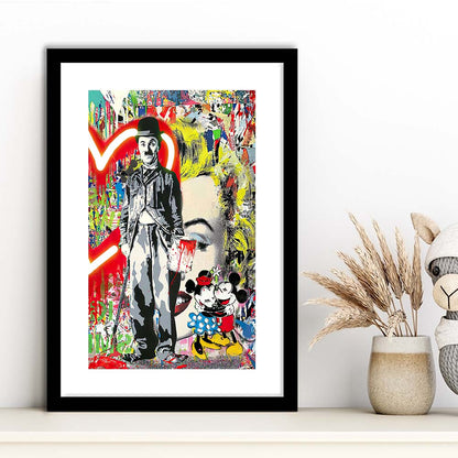 Charlie Chaplin With Heart Neon Sign Effect, Framed Art Print, Luxury Pictures Framed, White Border