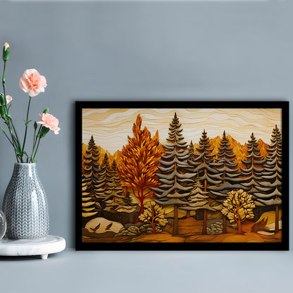 Cabin, Layered Wood Panel Effect Fir Tree Forest Painting, Framed Art Print Wall Decor, Picture Framed