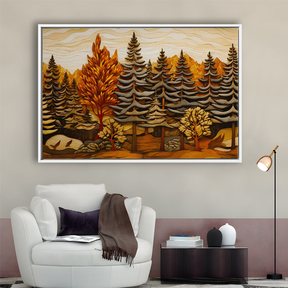 Cabin, Layered Wood Panel Effect Fir Tree Forest Painting, Framed Canvas Print Wall Art, Floating Frame