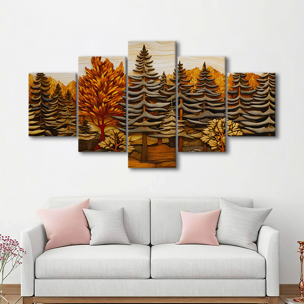 Cabin, Layered Wood Panel Effect Fir Tree Forest Painting, 5 Panel Mixed Canvas Print Wall Art, Large Canvas