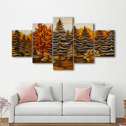 Cabin, Layered Wood Panel Effect Fir Tree Forest Painting, 5 Panel Mixed Canvas Print Wall Art, Large Canvas