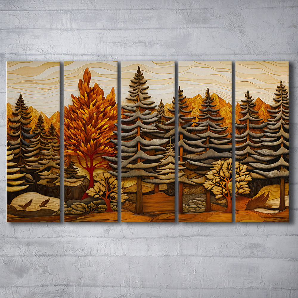 Cabin, Layered Wood Panel Effect Fir Tree Forest Painting, 5 Panel B Canvas Print Wall Art, Extra Large Canvas
