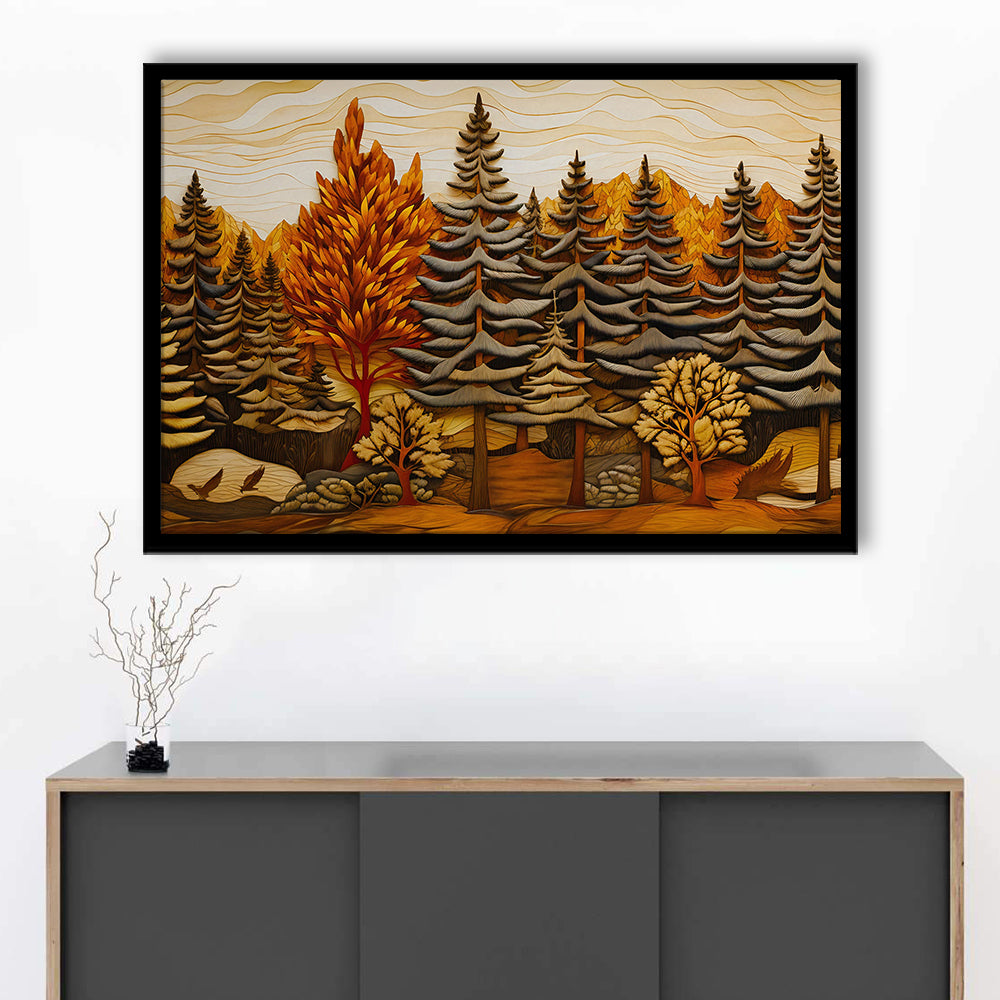 Cabin, Layered Wood Panel Effect Fir Tree Forest Painting, Framed Art Print Wall Decor, Picture Framed
