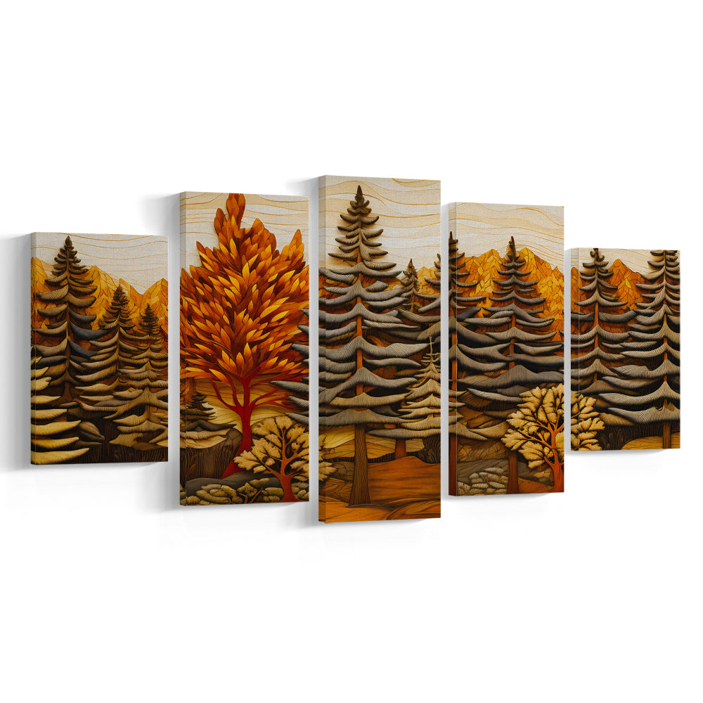Cabin, Layered Wood Panel Effect Fir Tree Forest Painting, 5 Panel Mixed Canvas Print Wall Art, Large Canvas