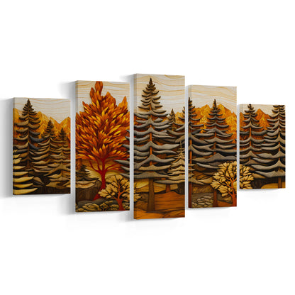 Cabin, Layered Wood Panel Effect Fir Tree Forest Painting, 5 Panel Mixed Canvas Print Wall Art, Large Canvas