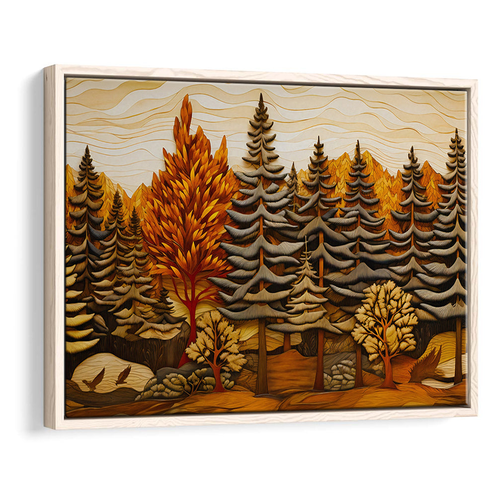 Cabin, Layered Wood Panel Effect Fir Tree Forest Painting, Framed Canvas Print Wall Art, Floating Frame