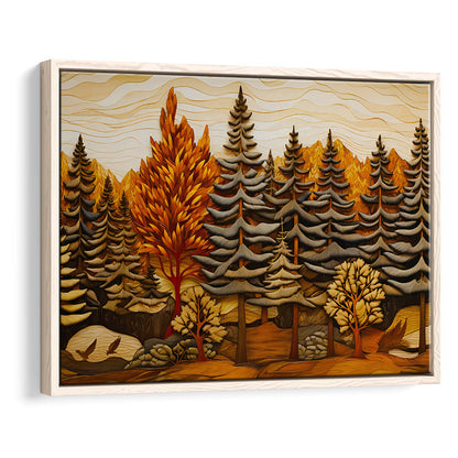 Cabin, Layered Wood Panel Effect Fir Tree Forest Painting, Framed Canvas Print Wall Art, Floating Frame