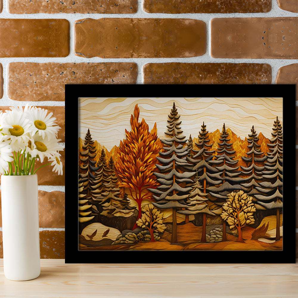 Cabin, Layered Wood Panel Effect Fir Tree Forest Painting, Framed Art Print Wall Decor, Picture Framed