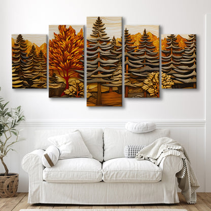 Cabin, Layered Wood Panel Effect Fir Tree Forest Painting, 5 Panel Mixed Canvas Print Wall Art, Large Canvas