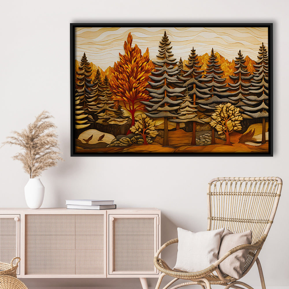 Cabin, Layered Wood Panel Effect Fir Tree Forest Painting, Framed Canvas Print Wall Art, Floating Frame
