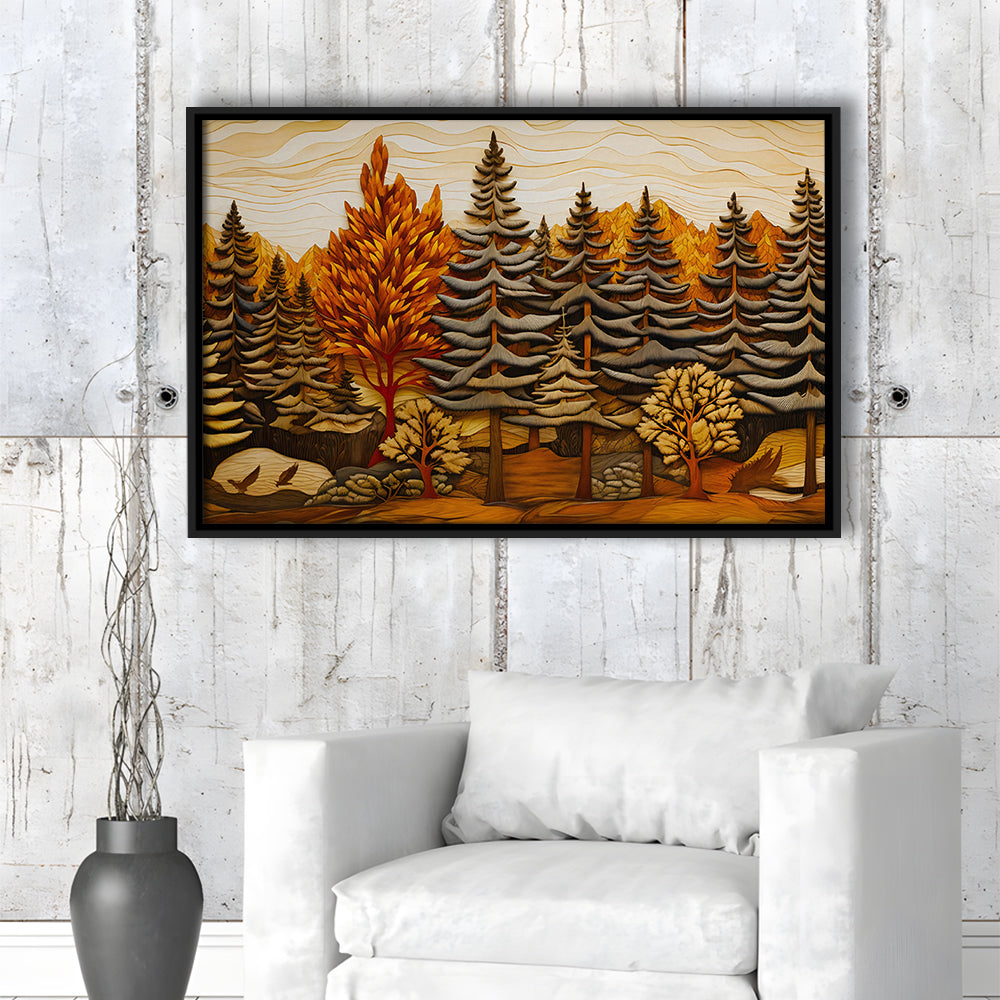 Cabin, Layered Wood Panel Effect Fir Tree Forest Painting, Framed Canvas Print Wall Art, Floating Frame