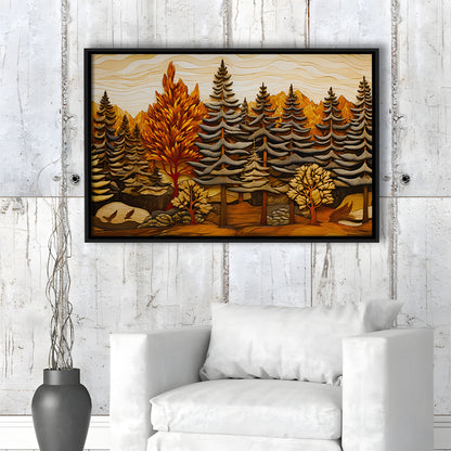 Cabin, Layered Wood Panel Effect Fir Tree Forest Painting, Framed Canvas Print Wall Art, Floating Frame
