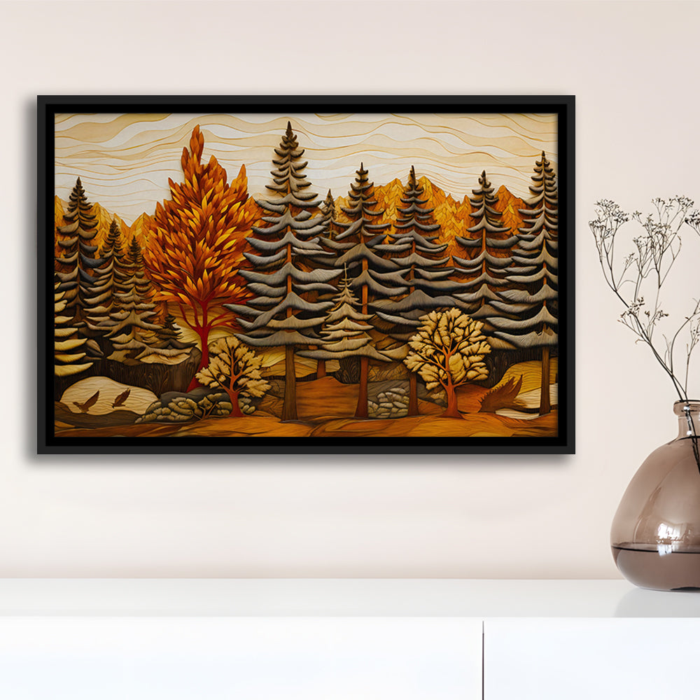 Cabin, Layered Wood Panel Effect Fir Tree Forest Painting, Framed Canvas Print Wall Art, Floating Frame