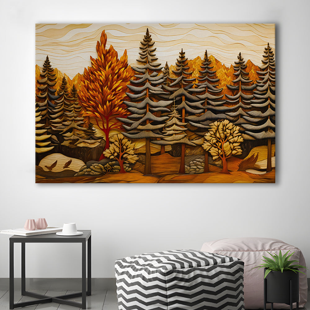 Cabin, Layered Wood Panel Effect Fir Tree Forest Painting, Canvas Print Wall Art, Wall Decor, Painting Canvas