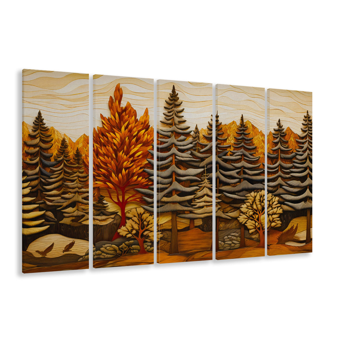 Cabin, Layered Wood Panel Effect Fir Tree Forest Painting, 5 Panel B Canvas Print Wall Art, Extra Large Canvas